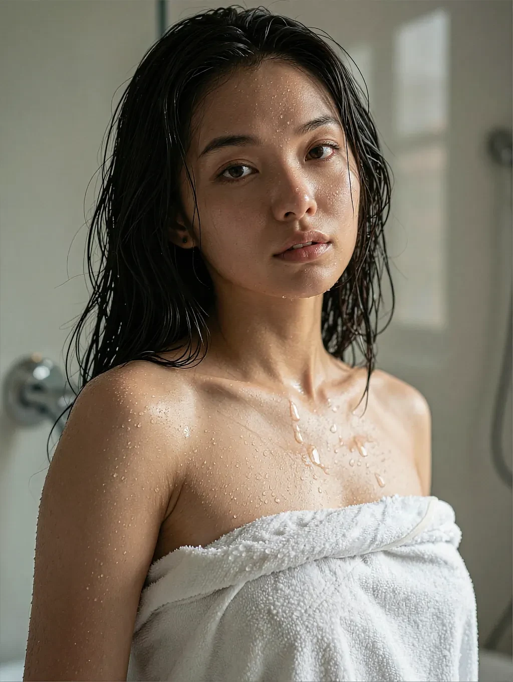 Fictional AI character wrapped in a white towel with wet hair after a shower