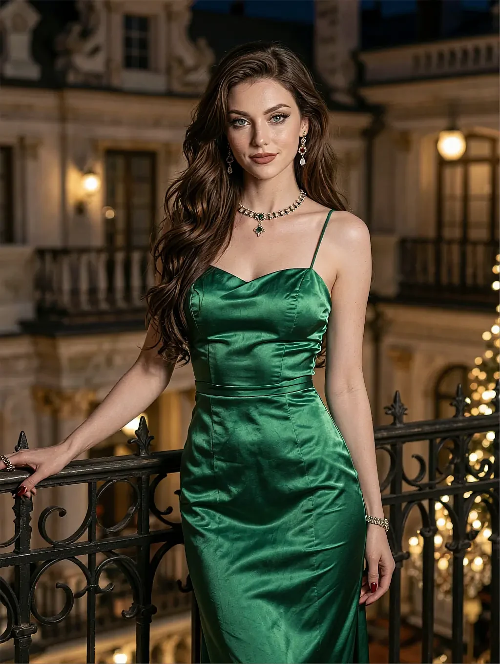 Fictional AI character in an emerald satin dress on a wrought-iron balcony at night