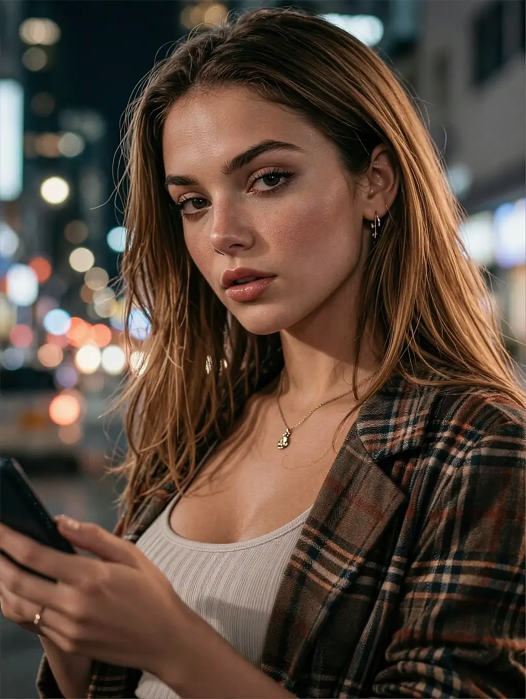 Fictional AI character in a plaid coat reading her phone on a night street