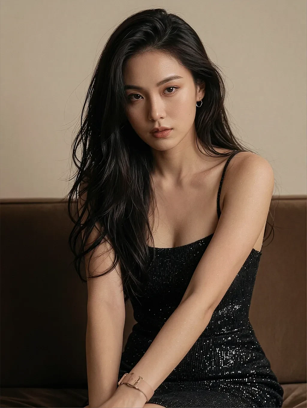 Fictional AI character in a black sequin dress seated on a sofa in warm light