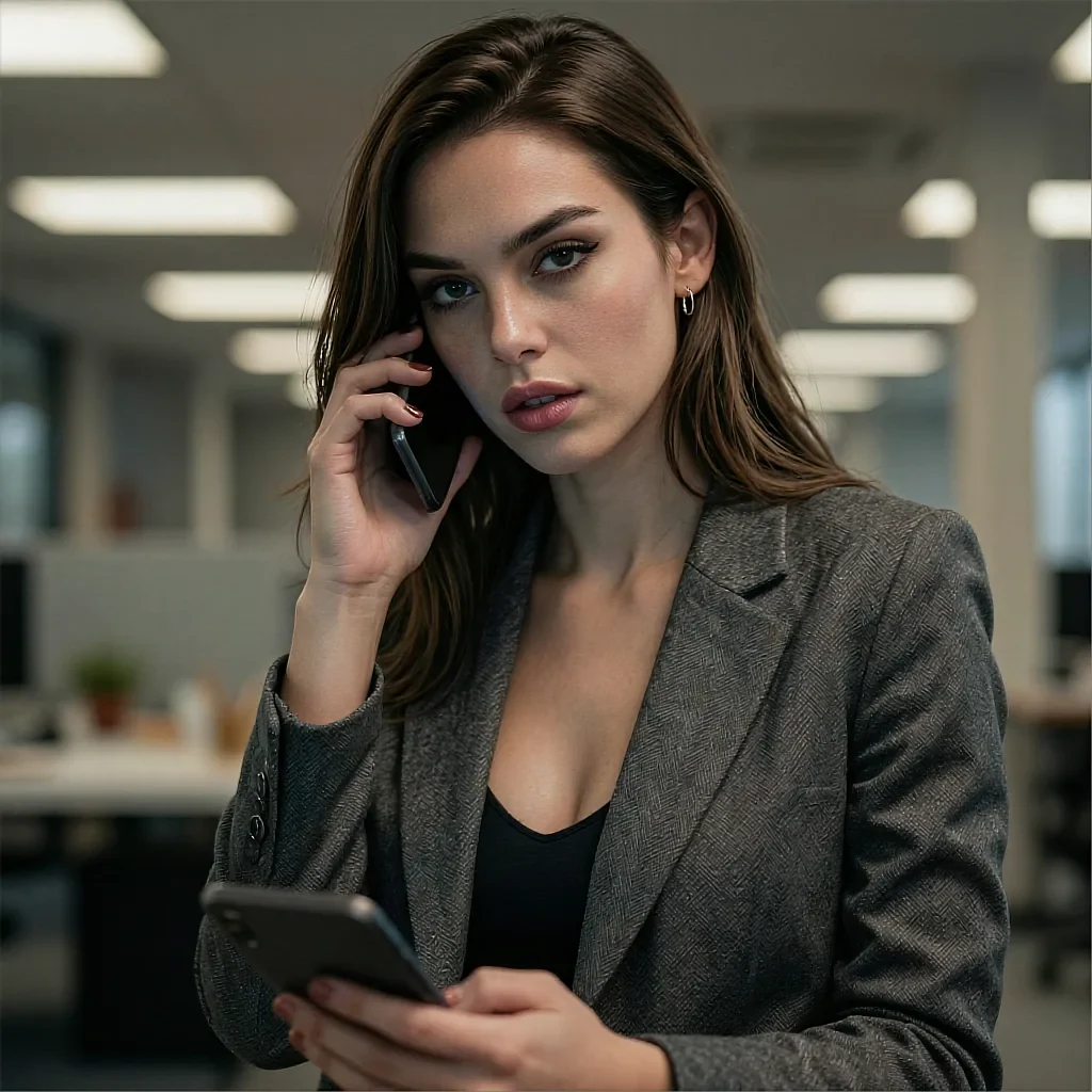 Fictional AI character in a grey blazer on a phone call in an office